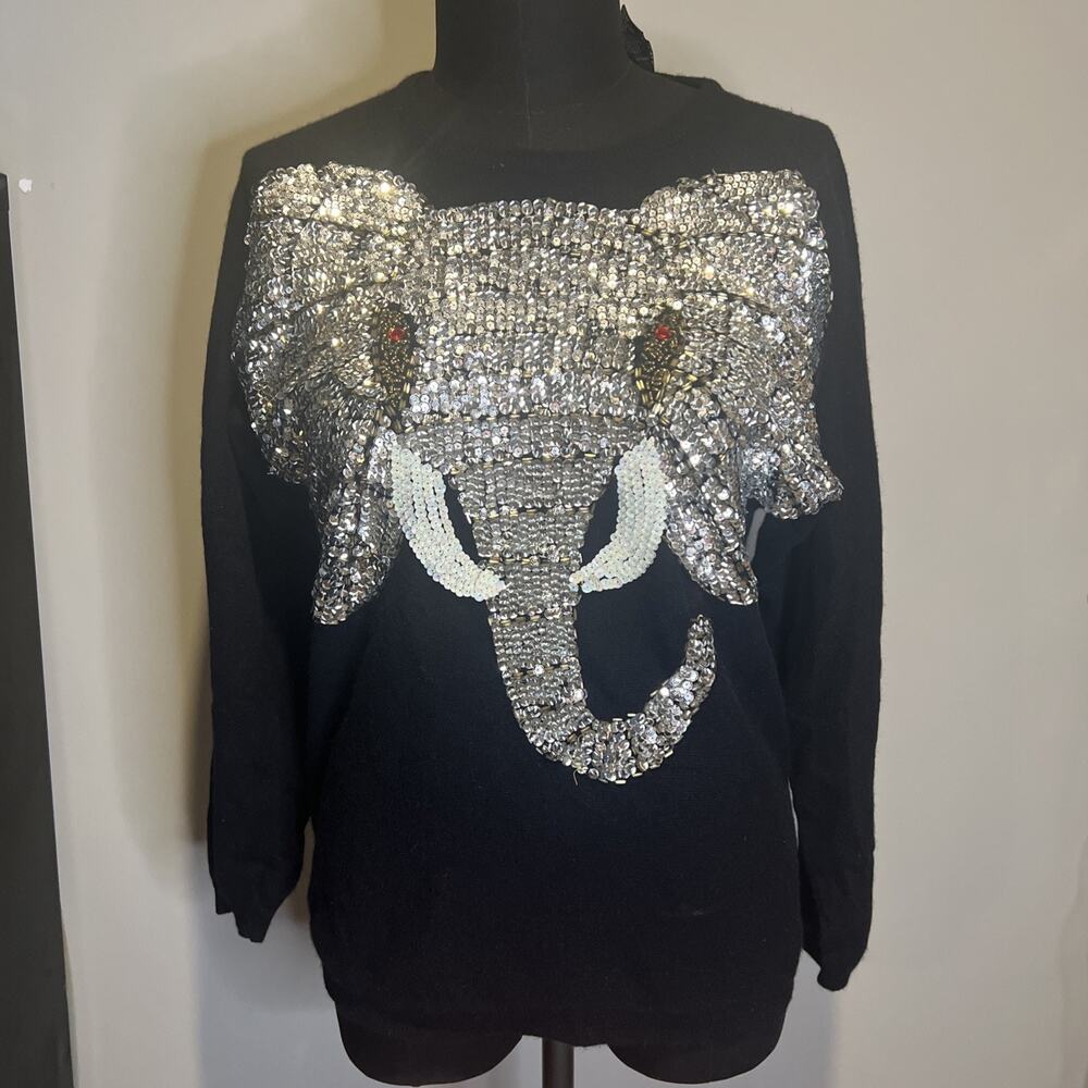 Oleg Cassini‎ Sequin Elephant Wool & Angora Sweater Black & Silver Sz Medium